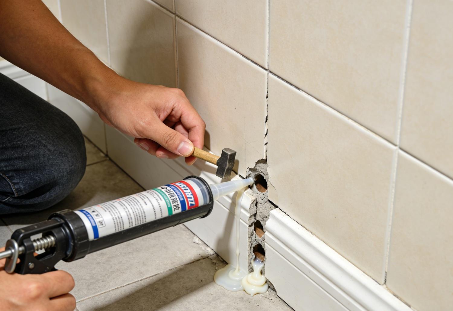 Dùng keo bơm dán gạch Dùng keo bơm dán gạch