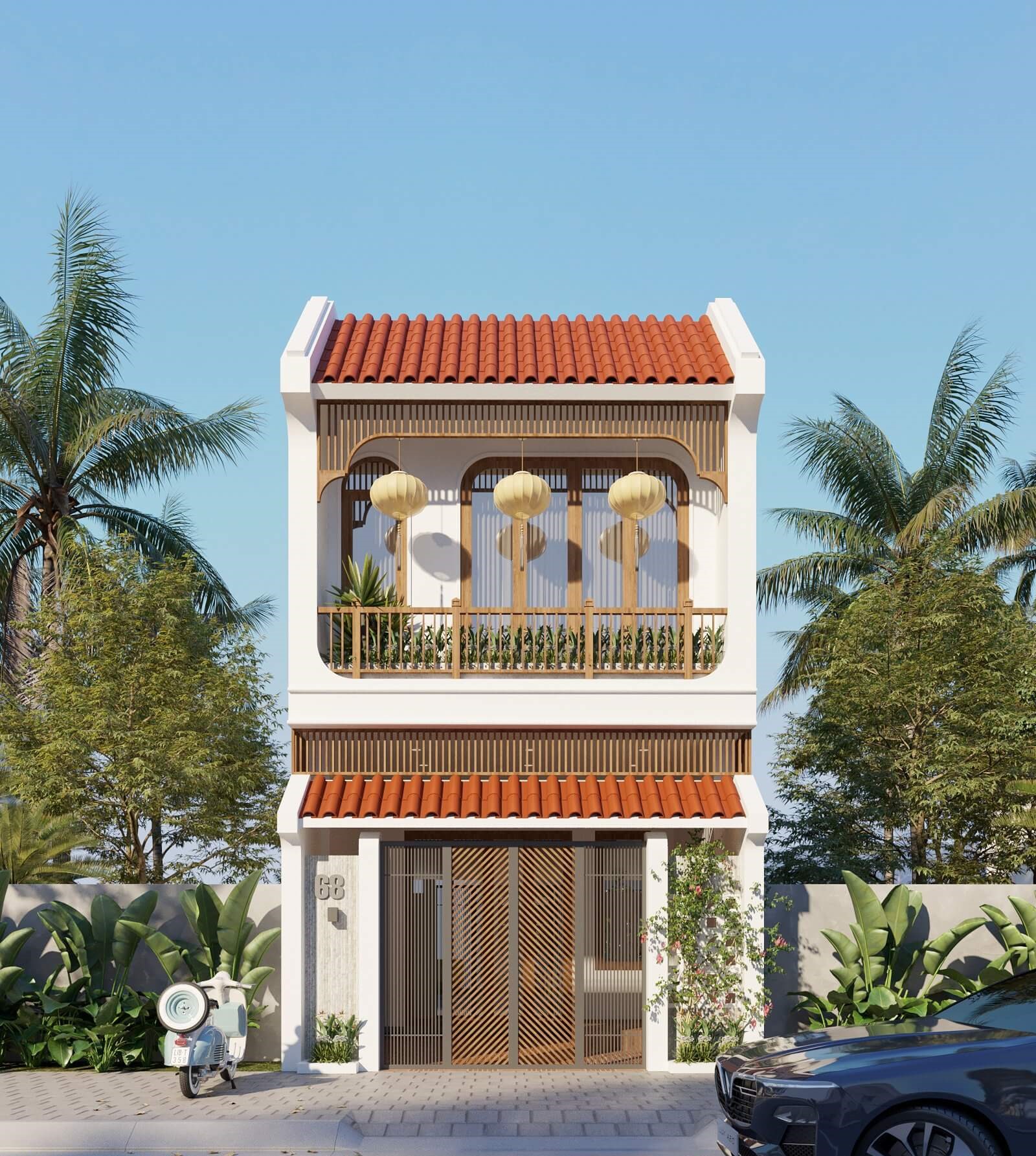 Mẫu nhà ống 2 tầng đẹp mái ngói truyền thống Mẫu nhà ống 2 tầng đẹp mái ngói truyền thống