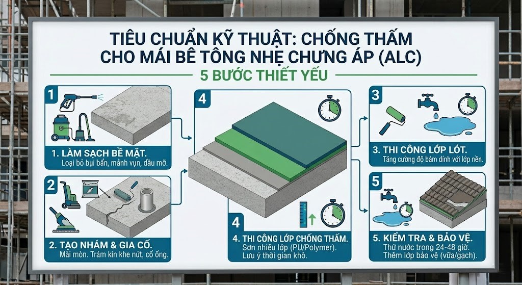 Quy trình chống thấm sàn mái bê tông chưng áp Quy trình chống thấm sàn mái bê tông chưng áp