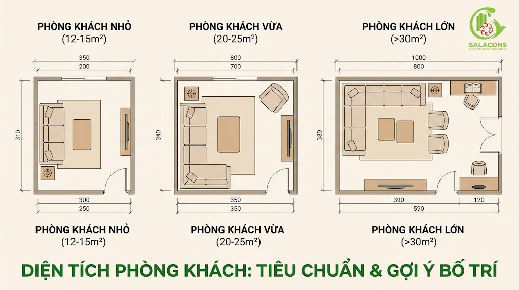 Diện tích phòng khách đạt tiêu chuẩn